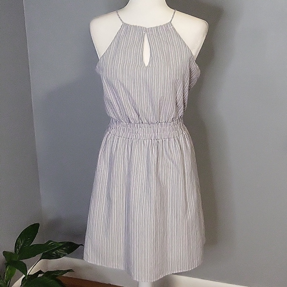 The Vanity Room Blue & White Striped Lined Elastic Waist Sleeveless Dress-Size S